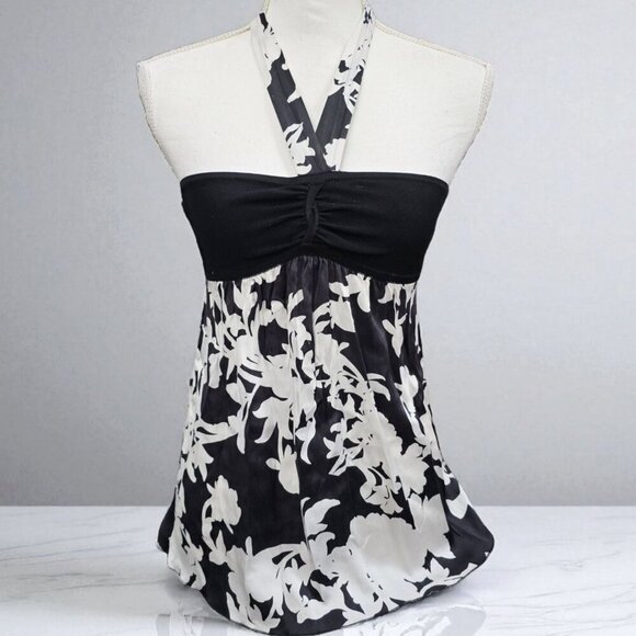 Bebe Floral Halter Top | Black & White Coquette Cottagecore Stretch XS Summer - Picture 10 of 14